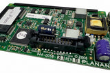 Close-up of a green electronic circuit board with various components on a white background
